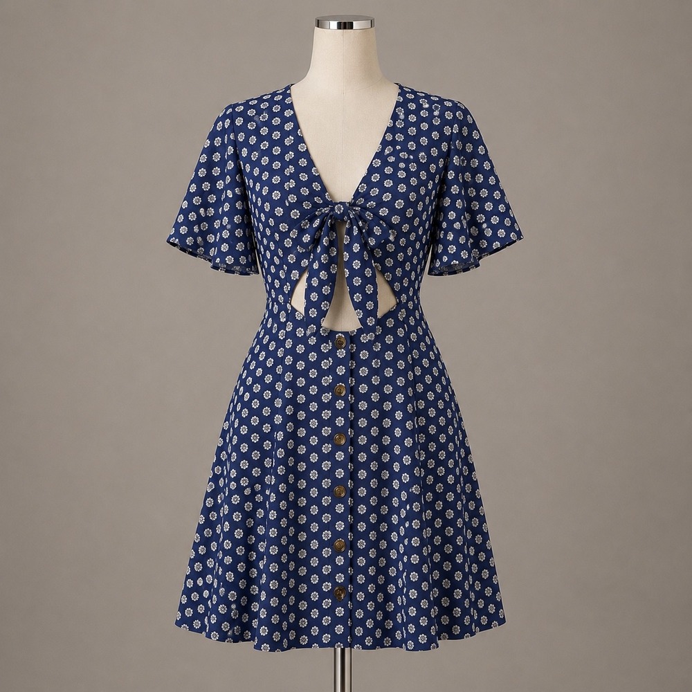 Rip Curl Mini Dress S Blue Ditsy Floral Tie Front Cutout Button Flutter Sleeve